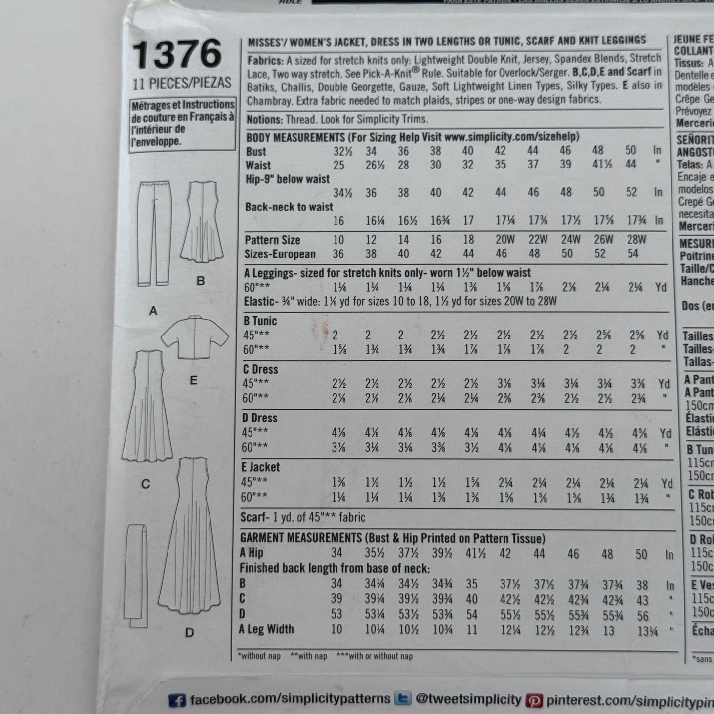 Simplicity Sewing Pattern 1376 Dress Tunic Top Modern Casual Outfit 10-18 Uncut Leggings Jacket