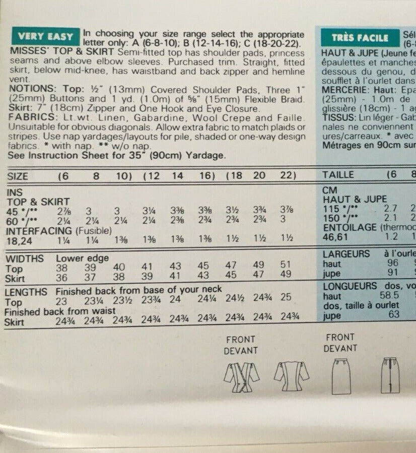 Butterick Sewing Pattern 5421 Pencil Skirt Suit Work 1990s Vintage 6 8 10 UC