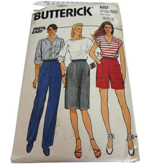 Butterick Sewing Pattern 6552 Shorts Skirt Pants 1980s Summer CUT 14 16 18