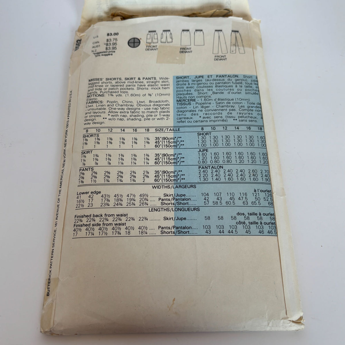 Butterick Sewing Pattern 6552 Shorts Skirt Pants 1980s Summer CUT 14 16 18