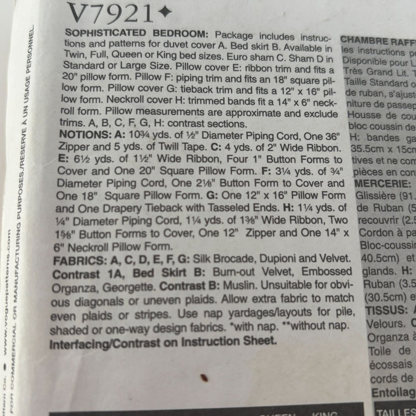 Vogue Decor Sewing Pattern V7921 Bedroom Duvet Cover Bed Skirt Sham Pillow Cover