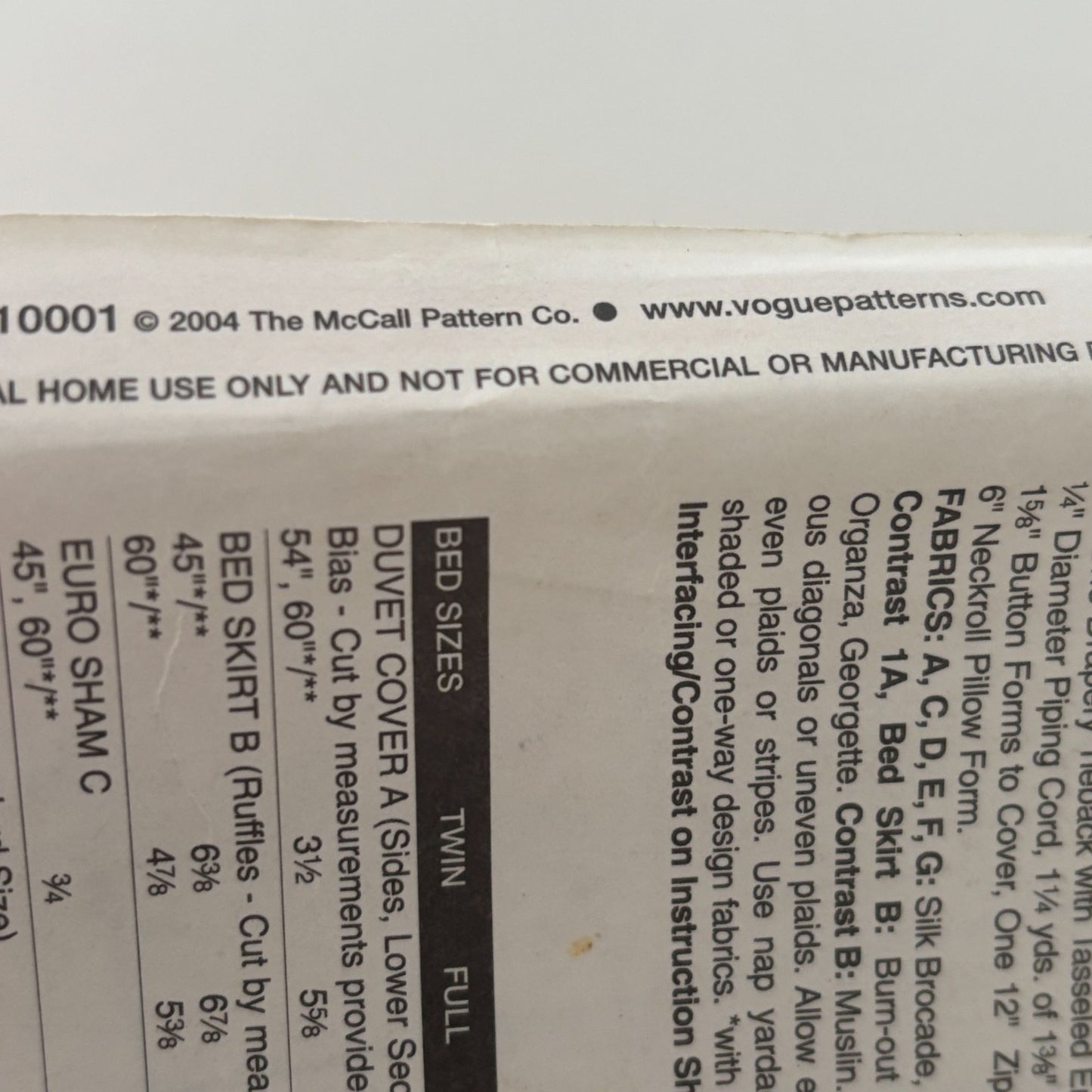 Vogue Decor Sewing Pattern V7921 Bedroom Duvet Cover Bed Skirt Sham Pillow Cover