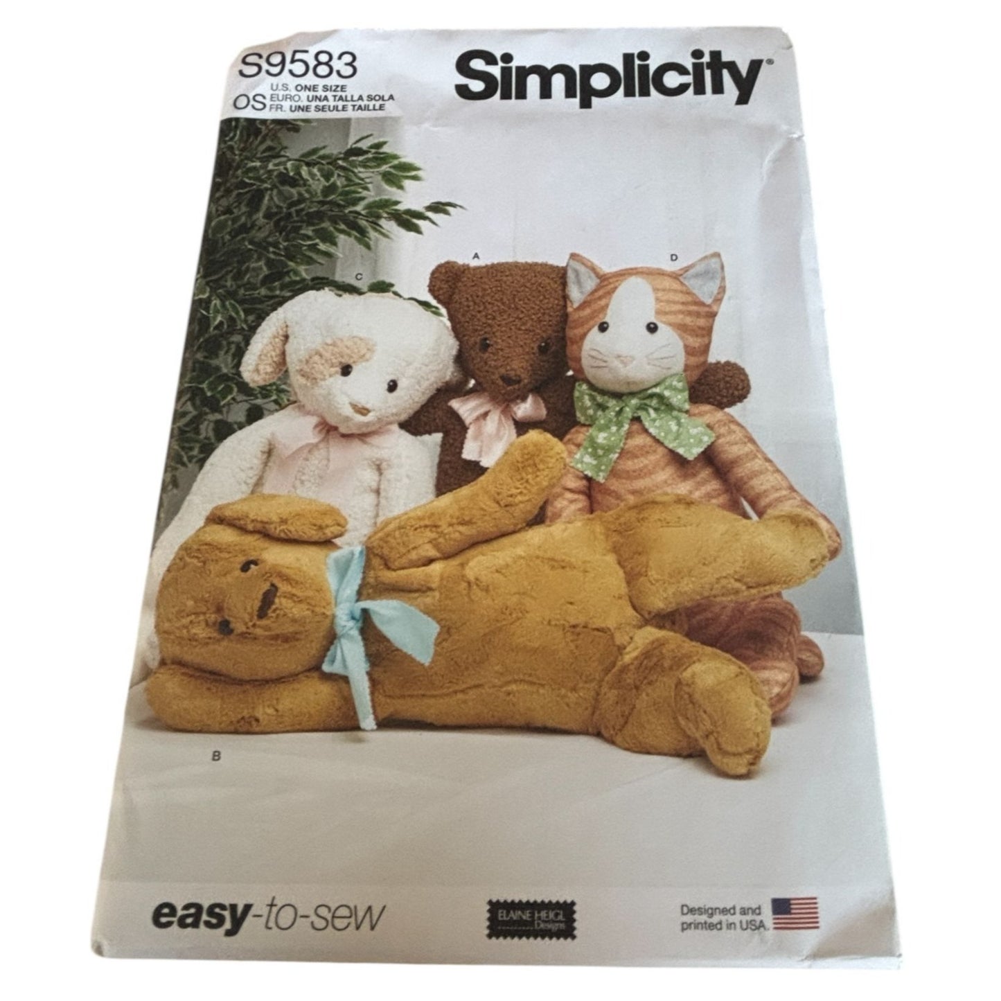 Simplicity Sewing Pattern S9583 Poseable Plush Stuffed Animals Cat Bear Dog UC
