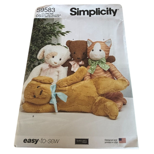 Simplicity Sewing Pattern S9583 Poseable Plush Stuffed Animals Cat Bear Dog UC