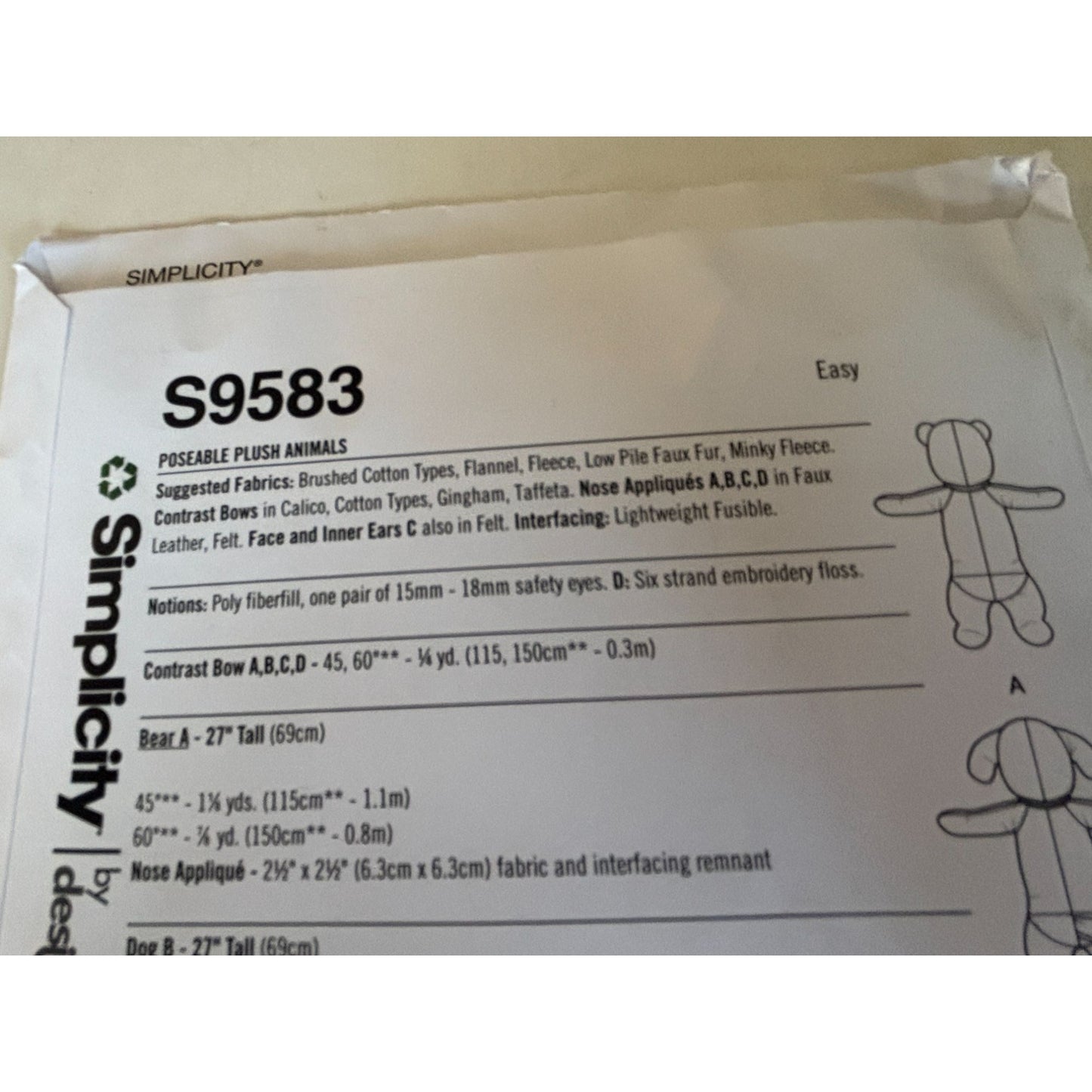 Simplicity Sewing Pattern S9583 Poseable Plush Stuffed Animals Cat Bear Dog UC