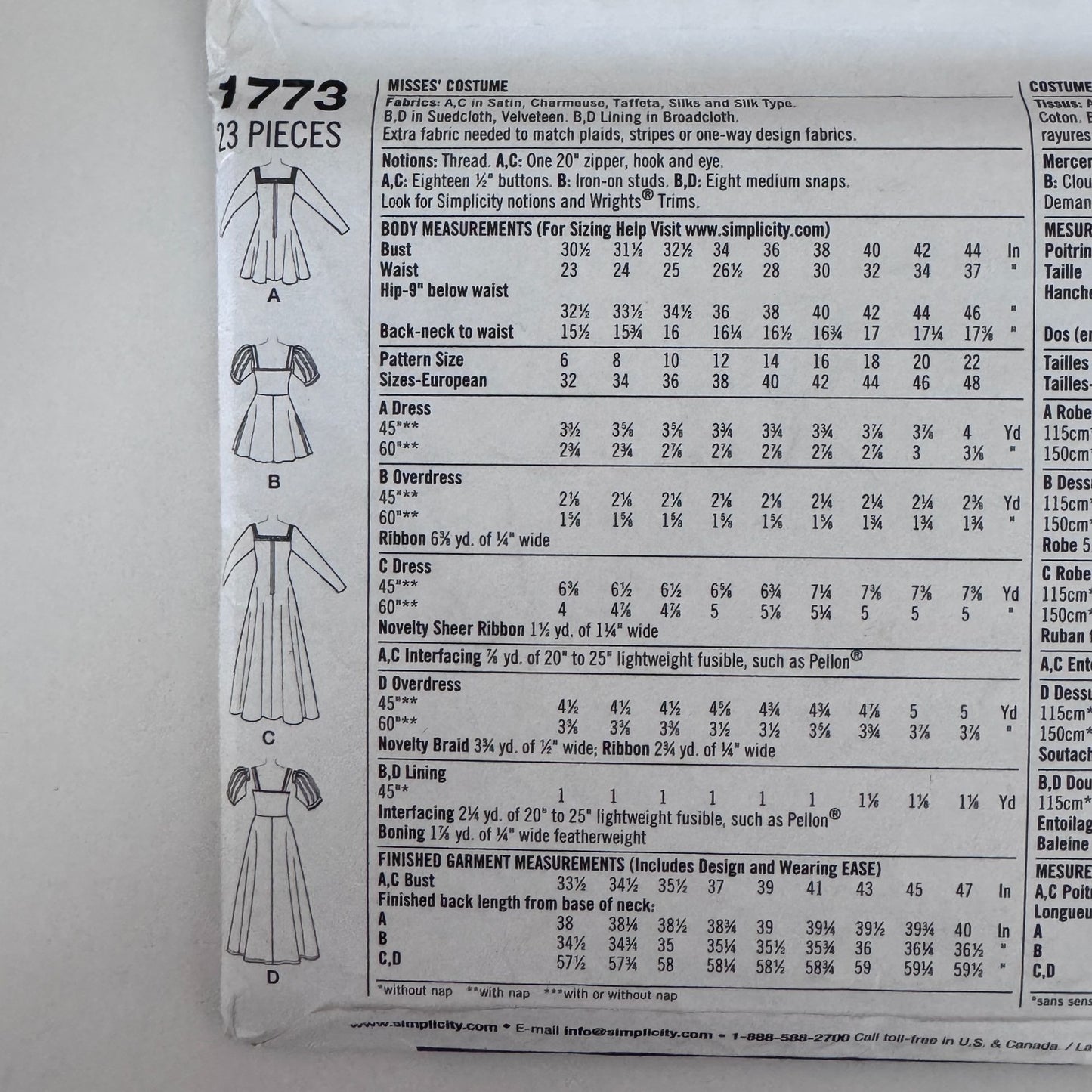 Simplicity Sewing Pattern 1773 Medieval Costume Dresses Sizes 6-14