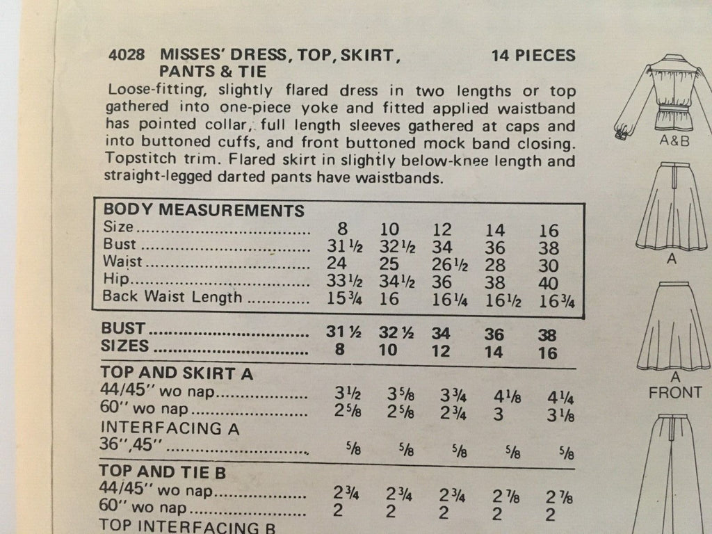 Butterick Sewing Pattern 4028 Dress Shirt Skirt Pants 1970s Vintage Retro 8 UC