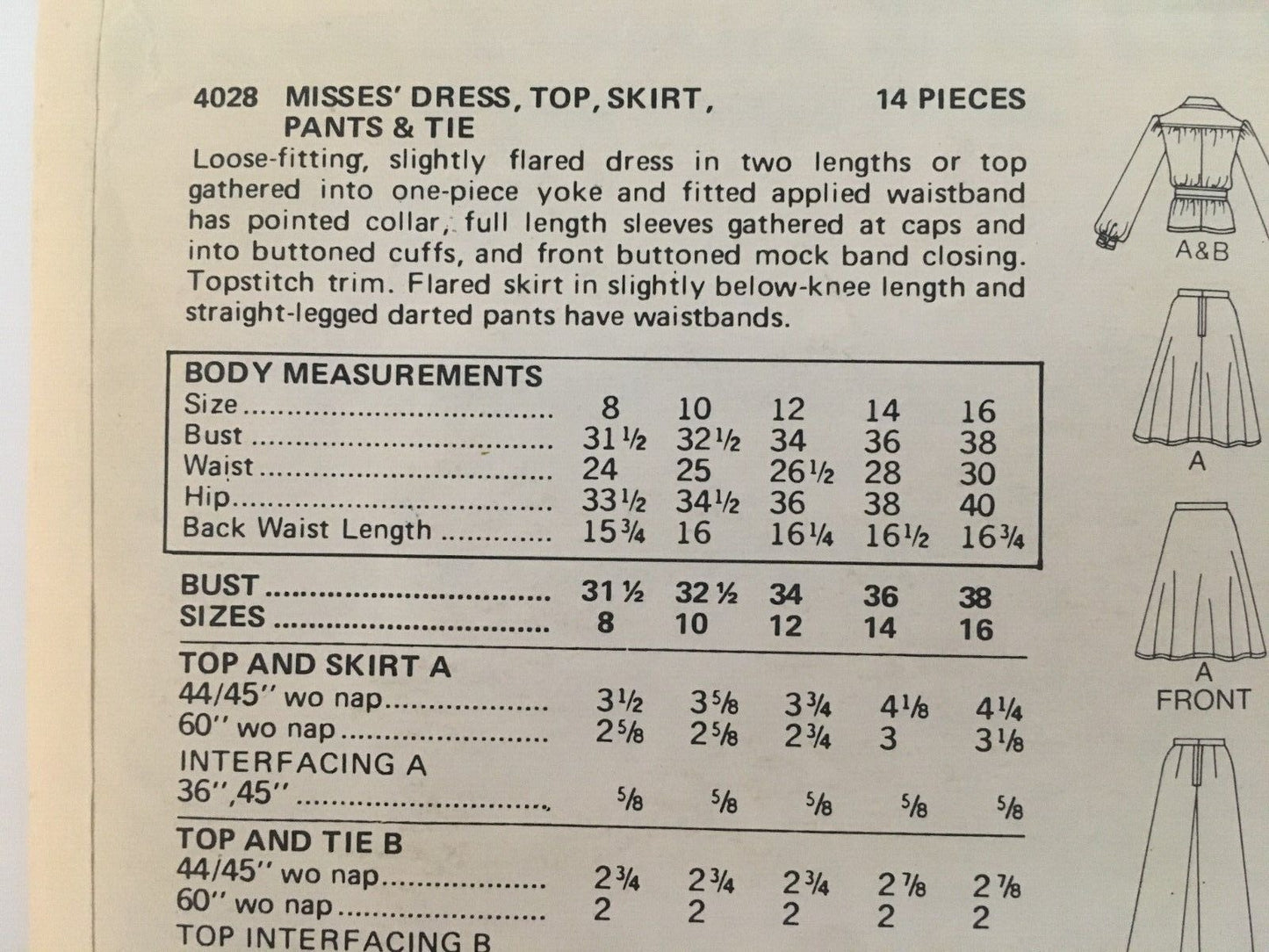 Butterick Sewing Pattern 4028 Dress Shirt Skirt Pants 1970s Vintage Retro 8 UC