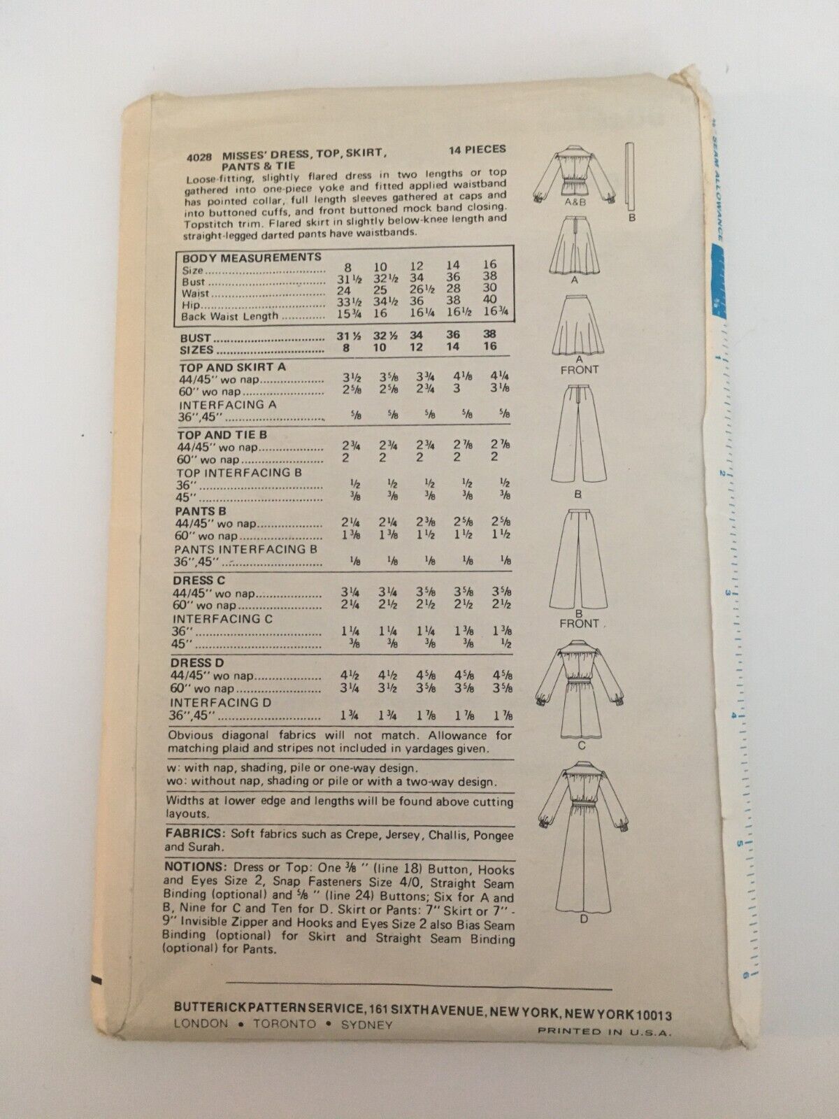Butterick Sewing Pattern 4028 Dress Shirt Skirt Pants 1970s Vintage Retro 8 UC