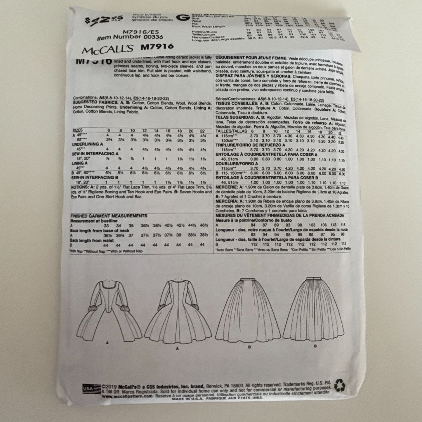 McCalls Sewing Pattern M7916 Outlander Costume Dress Caraco Jacket Pleated Full Skirt 14-22 Uncut