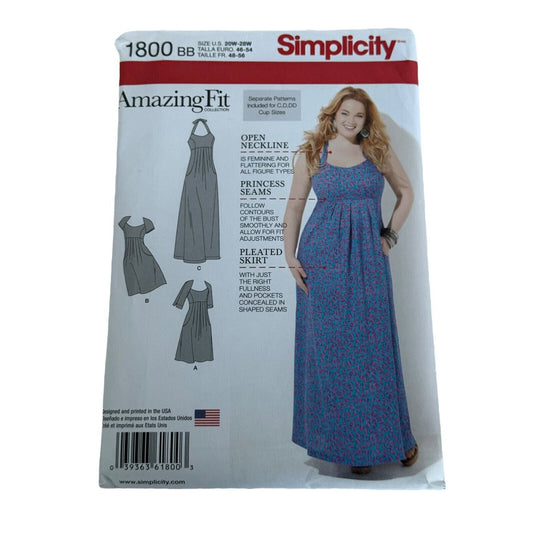 Simplicity Sewing Pattern 1800 Amazing Fit Dress Open Neckline Pockets UC 20-28W