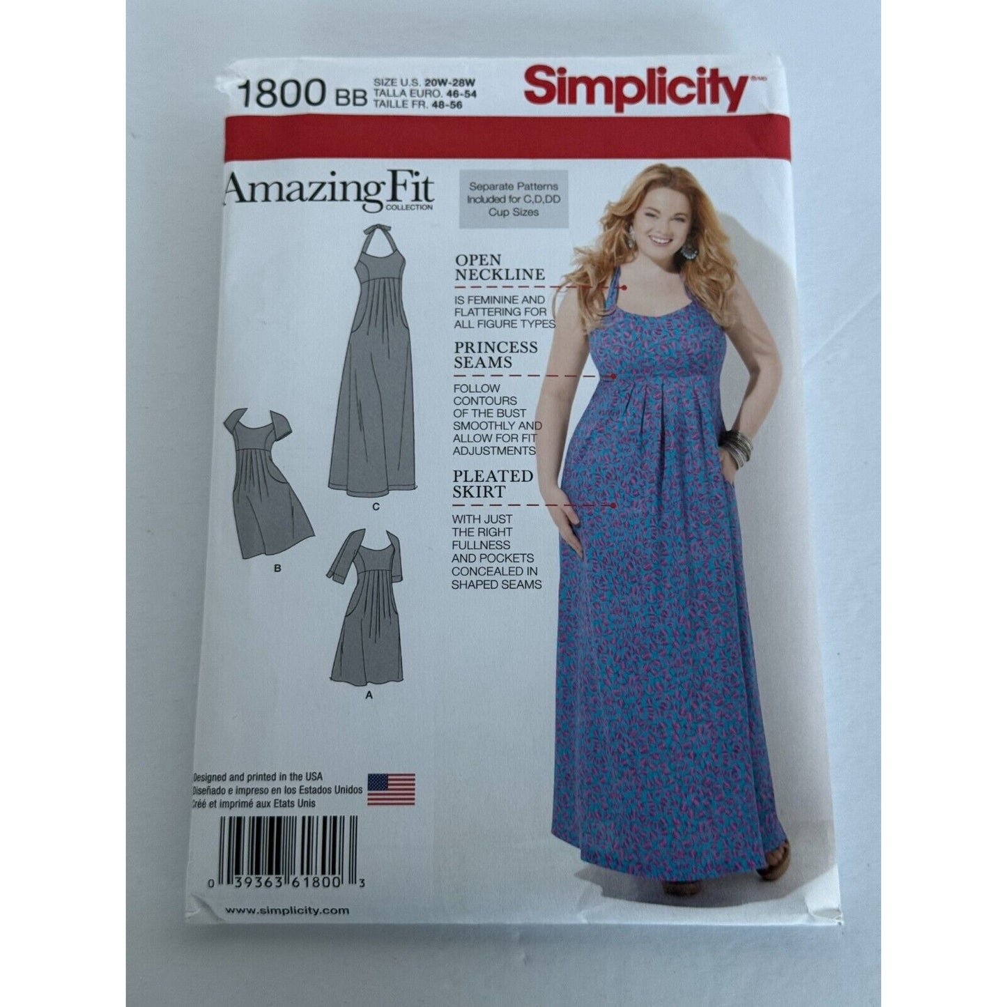 Simplicity Sewing Pattern 1800 Amazing Fit Dress Open Neckline Pockets UC 20-28W
