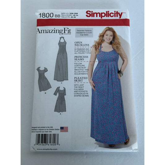 Simplicity Sewing Pattern 1800 Amazing Fit Dress Open Neckline Pockets UC 20-28W