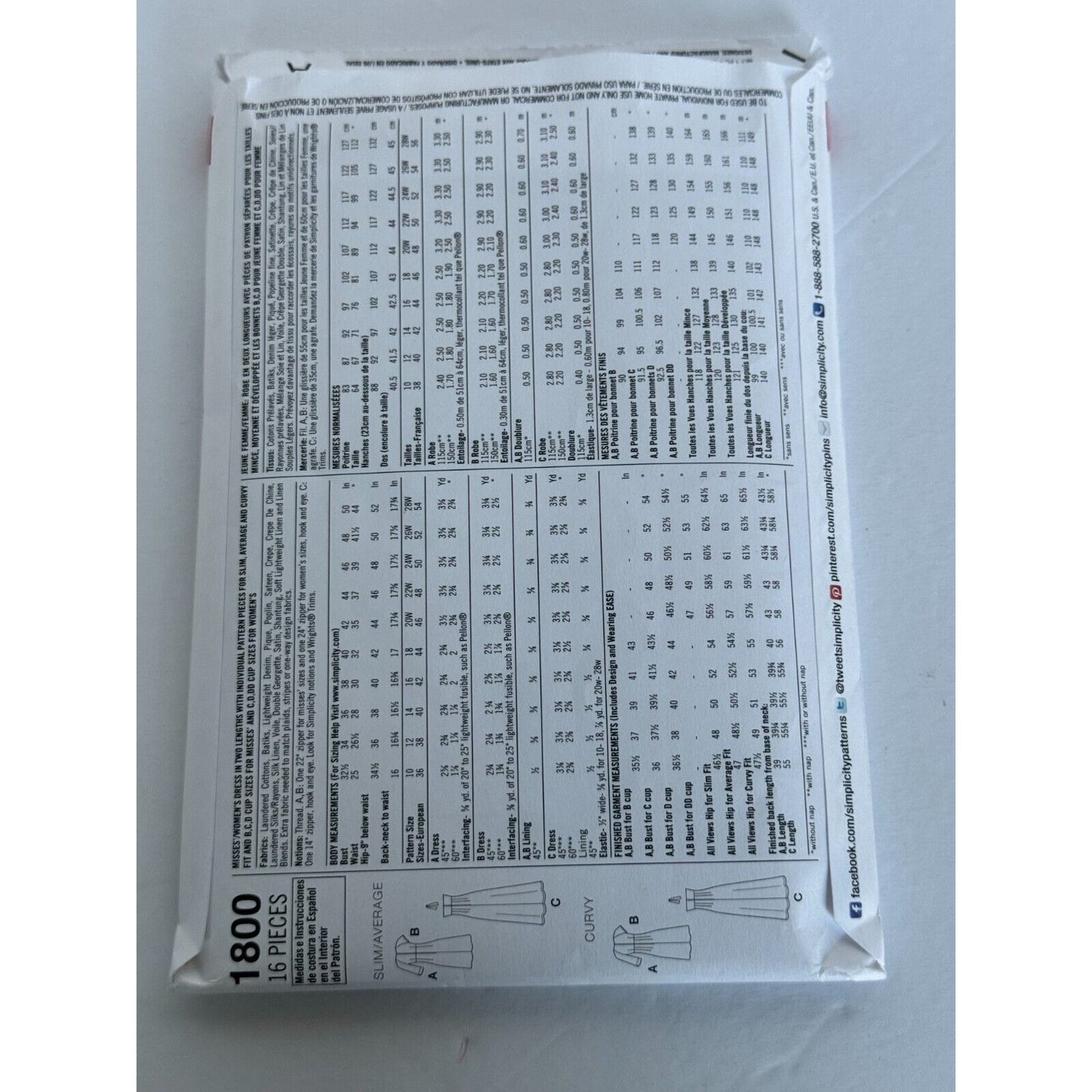 Simplicity Sewing Pattern 1800 Amazing Fit Dress Open Neckline Pockets UC 20-28W