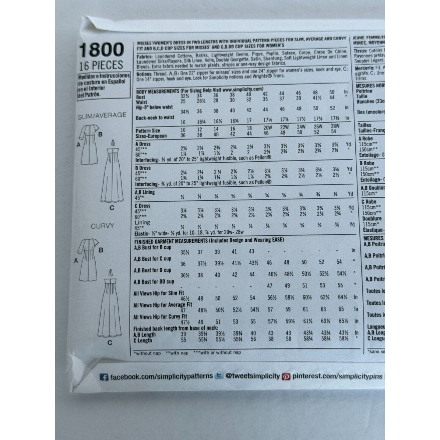 Simplicity Sewing Pattern 1800 Amazing Fit Dress Open Neckline Pockets UC 20-28W