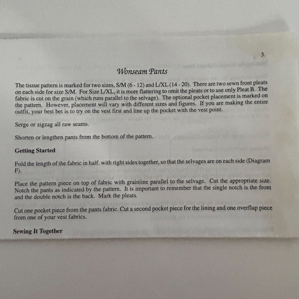 Misses Outfit Sewing Pattern Vest One Seam Pants Wide Leg Culottes Mirman Uncut