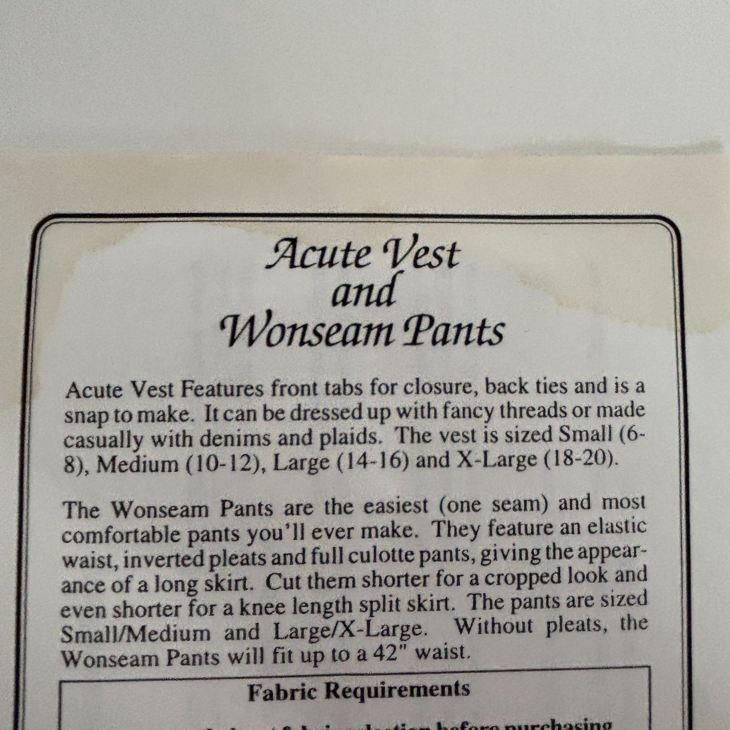 Misses Outfit Sewing Pattern Vest One Seam Pants Wide Leg Culottes Mirman Uncut