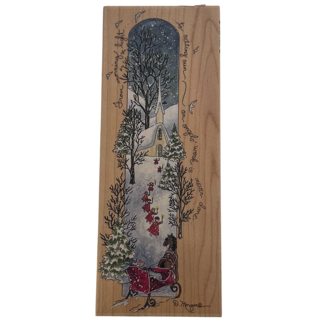 Stamps Happen Rubber Stamp An Angels Work Vertical Christmas Church Snowy Village Sleigh Cardmaking