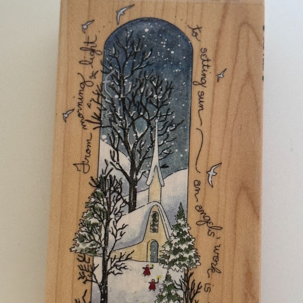 Stamps Happen Rubber Stamp An Angels Work Vertical Christmas Church Snowy Village Sleigh Cardmaking