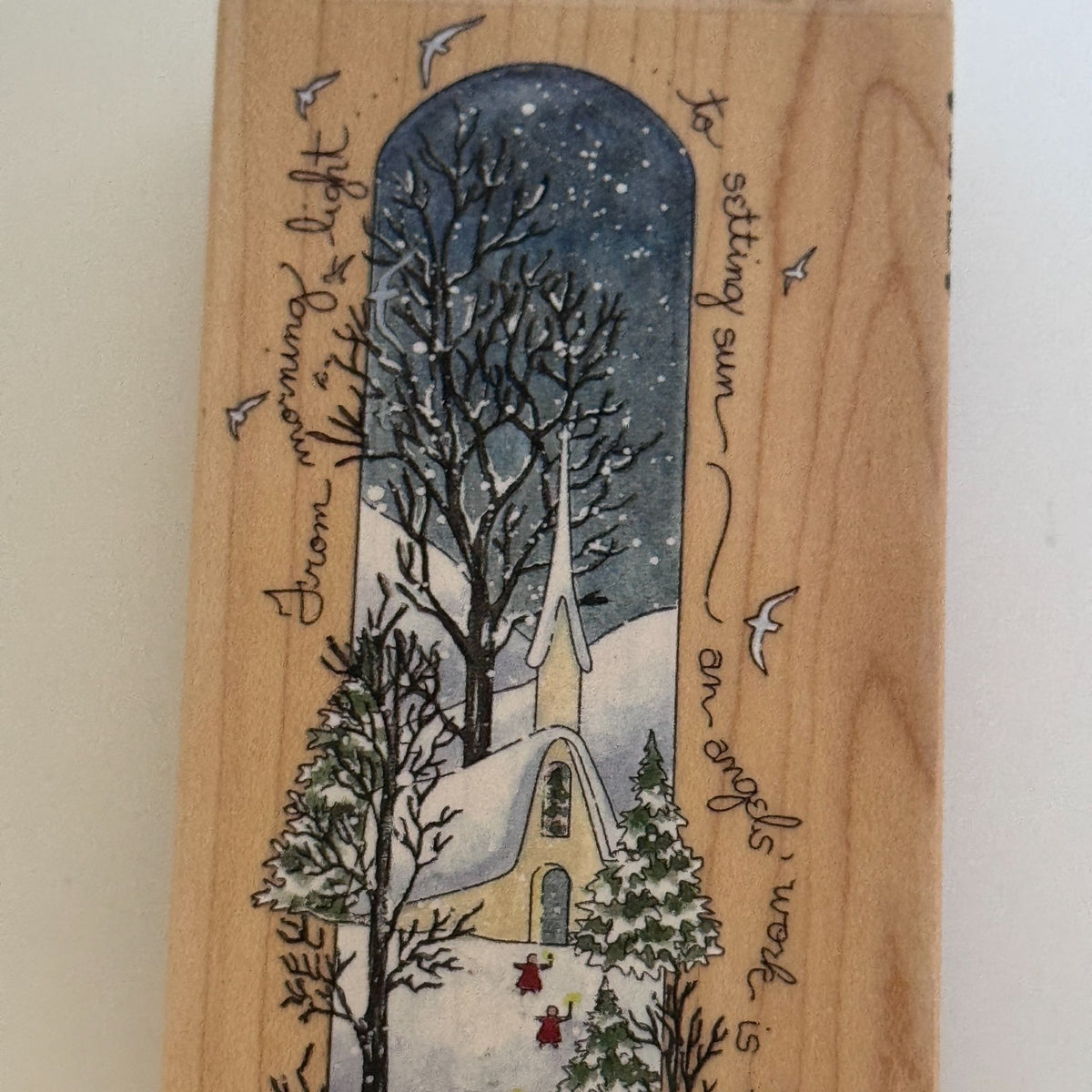Stamps Happen Rubber Stamp An Angels Work Vertical Christmas Church Snowy Village Sleigh Cardmaking