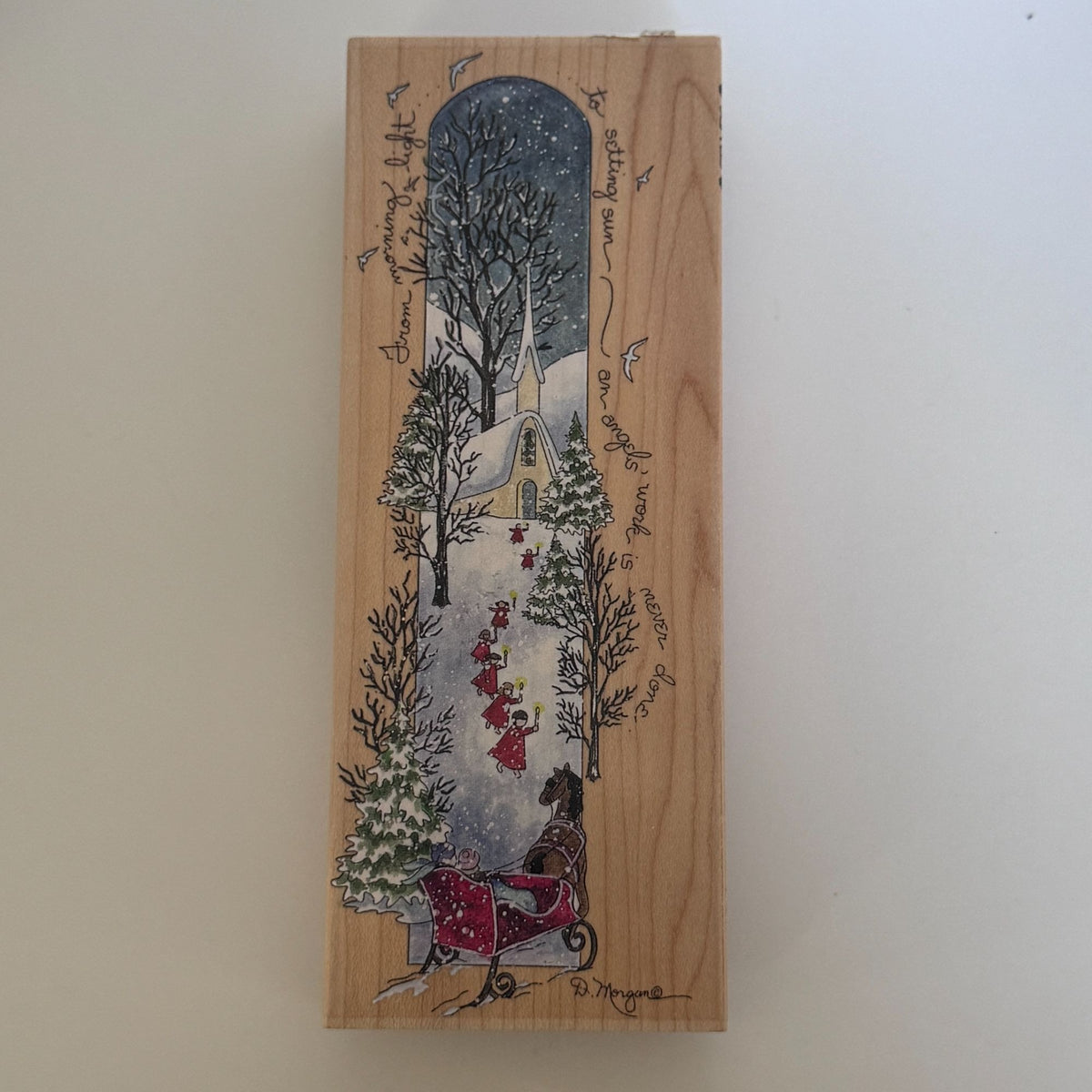 Stamps Happen Rubber Stamp An Angels Work Vertical Christmas Church Snowy Village Sleigh Cardmaking