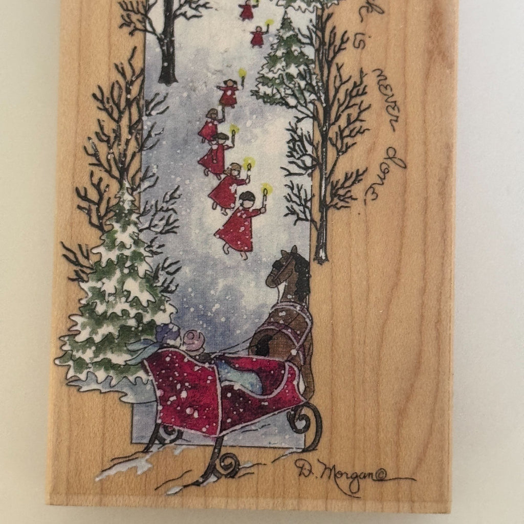 Stamps Happen Rubber Stamp An Angels Work Vertical Christmas Church Snowy Village Sleigh Cardmaking