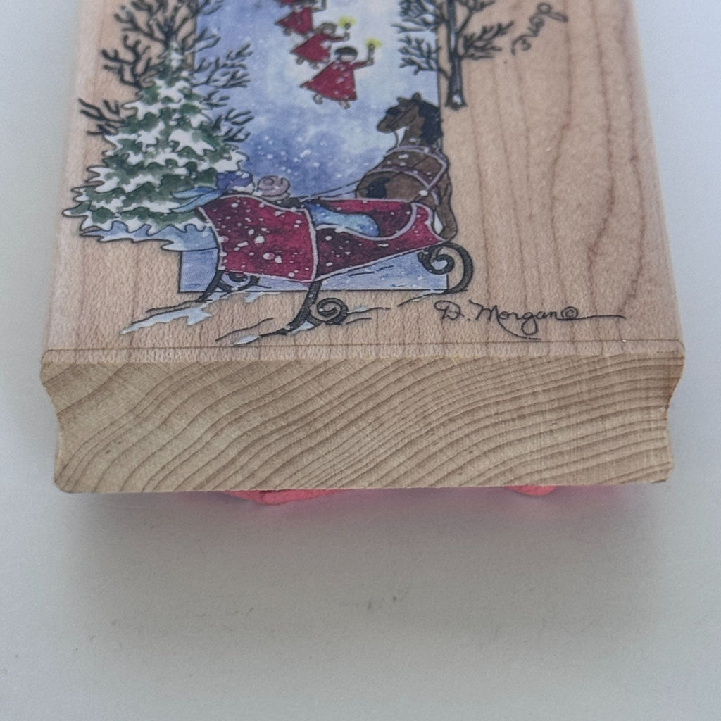 Stamps Happen Rubber Stamp An Angels Work Vertical Christmas Church Snowy Village Sleigh Cardmaking