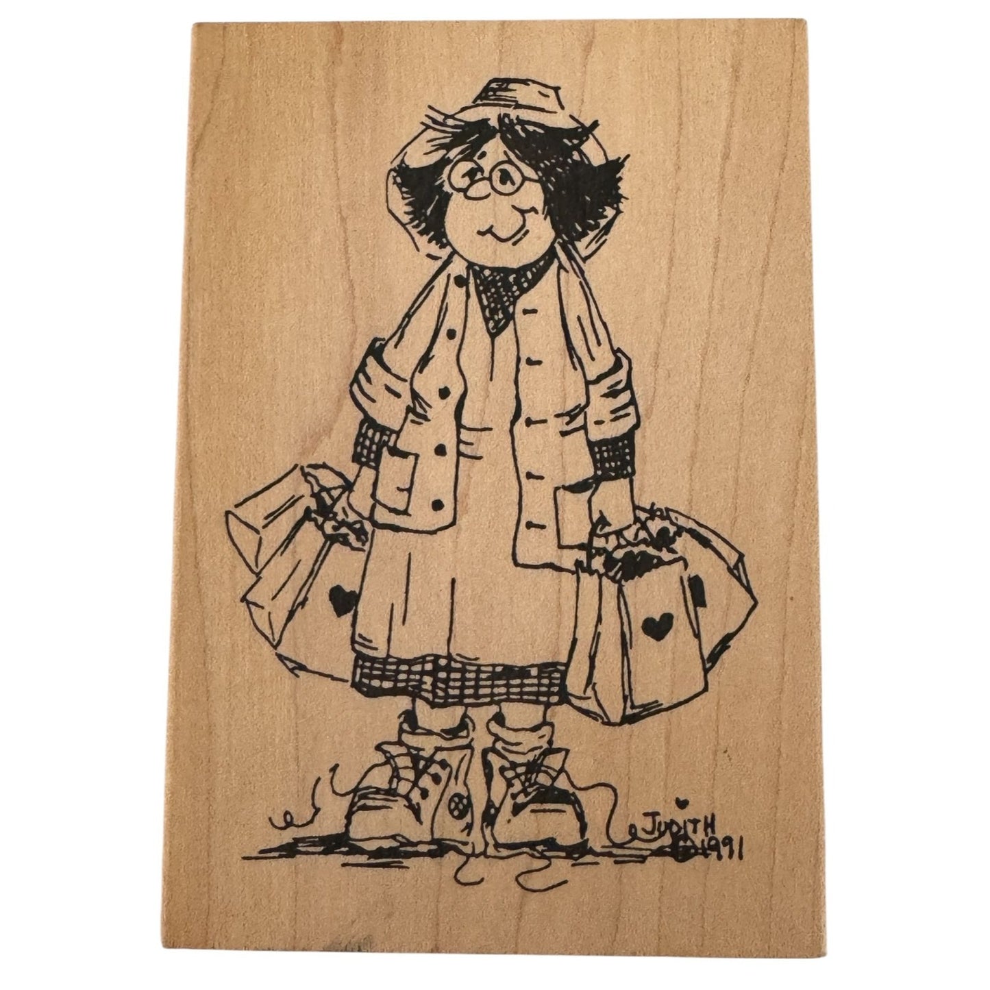 Judith  Wooden Rubber Stamp Straight Hair Bag Lady Shopping Smile Grandma S-03