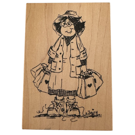 Judith  Wooden Rubber Stamp Straight Hair Bag Lady Shopping Smile Grandma S-03