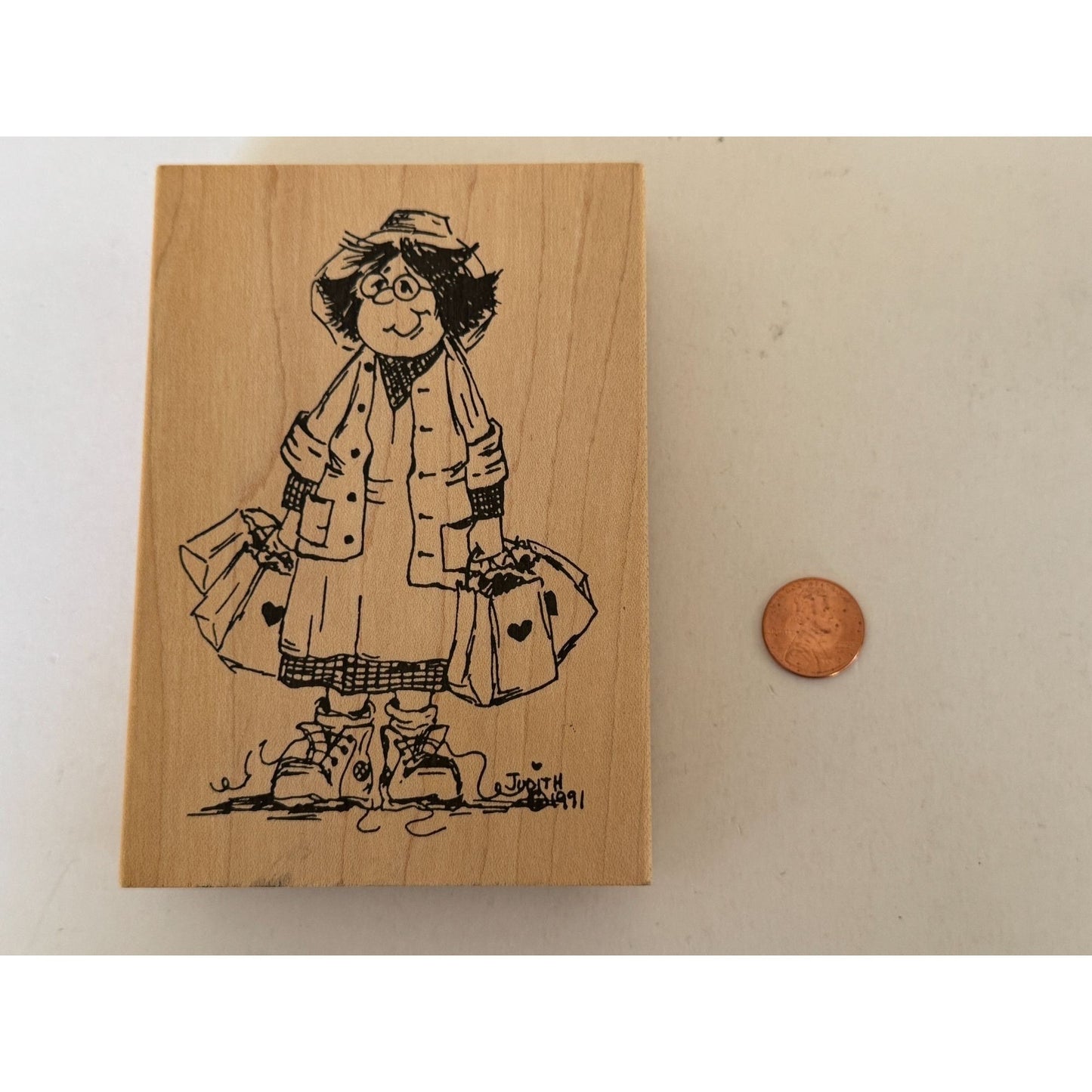 Judith  Wooden Rubber Stamp Straight Hair Bag Lady Shopping Smile Grandma S-03