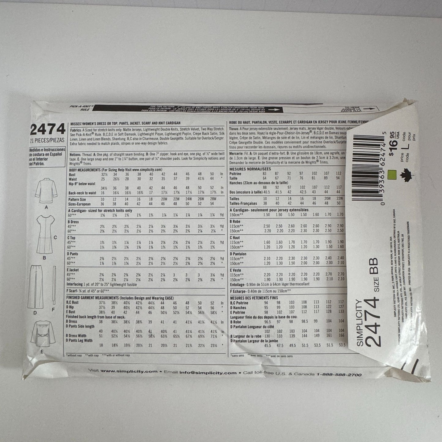Simplicity Sewing Pattern 2474 Jacket Dress Top Pants Outfit Plus Size 20W-28W