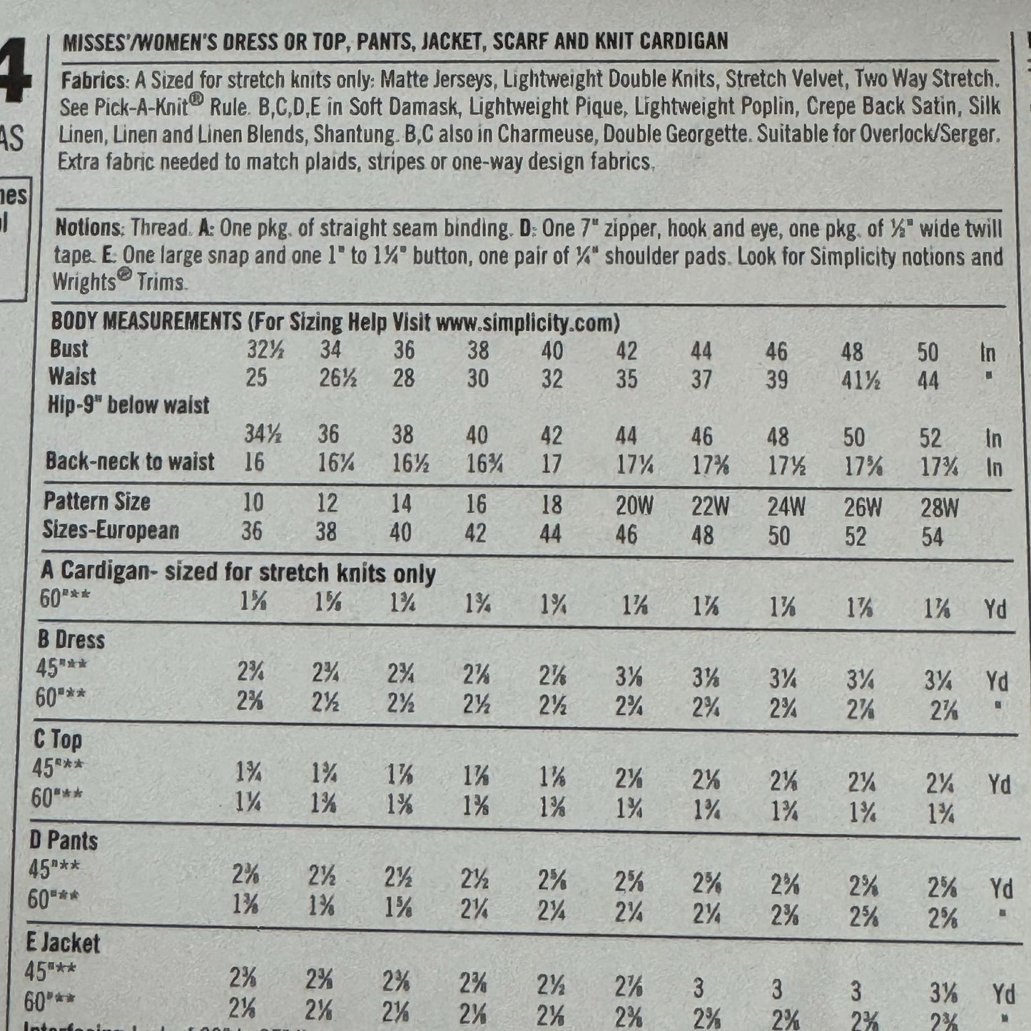 Simplicity Sewing Pattern 2474 Jacket Dress Top Pants Outfit Plus Size 20W-28W