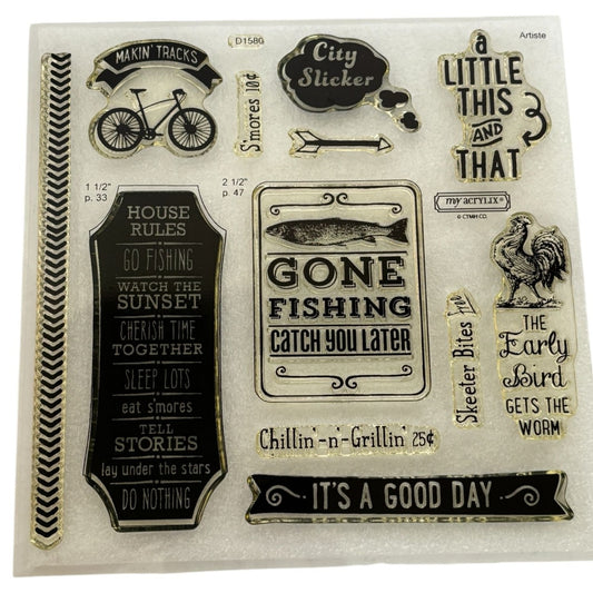 CTMH Acrylic Stamp Set Catch You Later Bicycle Gone Fishing S'Mores Funny D1580