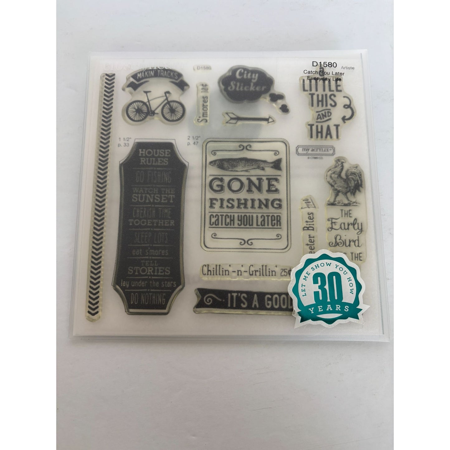 CTMH Acrylic Stamp Set Catch You Later Bicycle Gone Fishing S'Mores Funny D1580