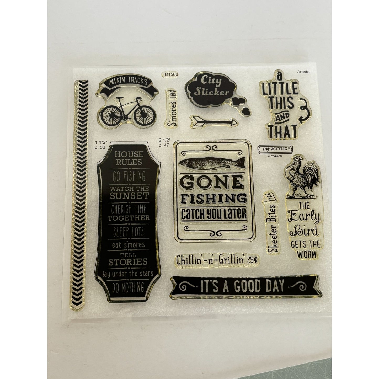 CTMH Acrylic Stamp Set Catch You Later Bicycle Gone Fishing S'Mores Funny D1580