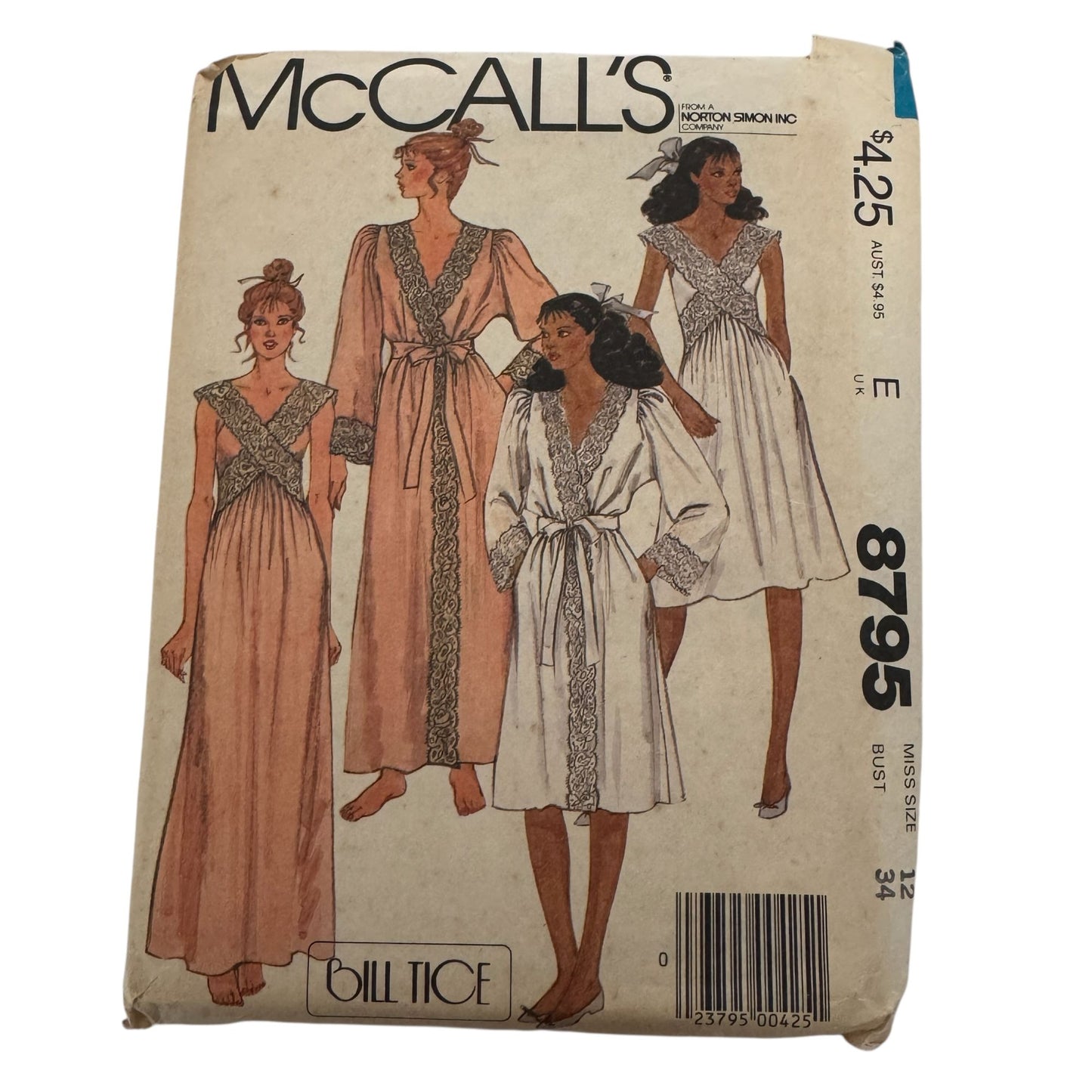 McCalls Sewing Pattern 8795 Misses Robe Nightgown Pajamas Size 12 Vintage 1980s