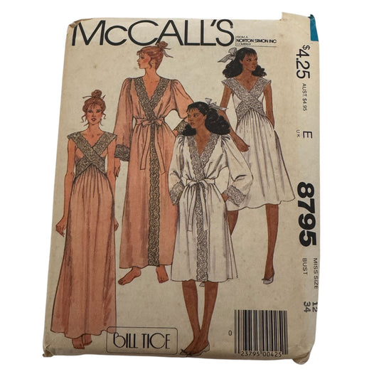 McCalls Sewing Pattern 8795 Misses Robe Nightgown Pajamas Size 12 Vintage 1980s
