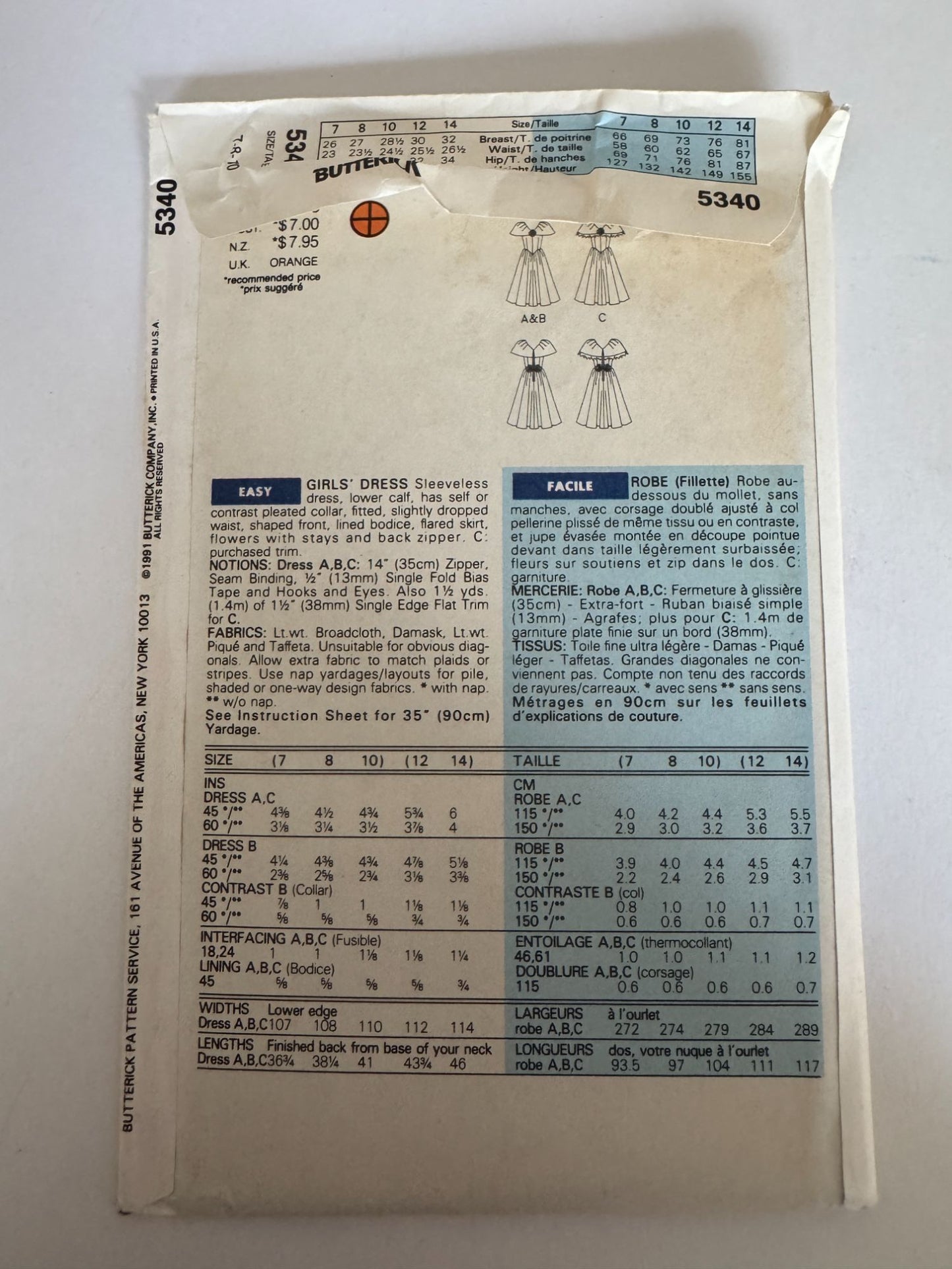 Butterick Sewing Pattern 5340 Girls Dress Spring Easter Party Easy 7 8 10 90s UC