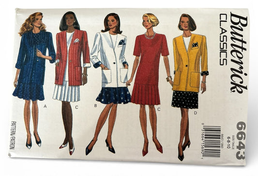 Butterick Sewing Pattern 6643 90s Jacket Dress Flounce Hem 1990s 6 8 10 Uncut