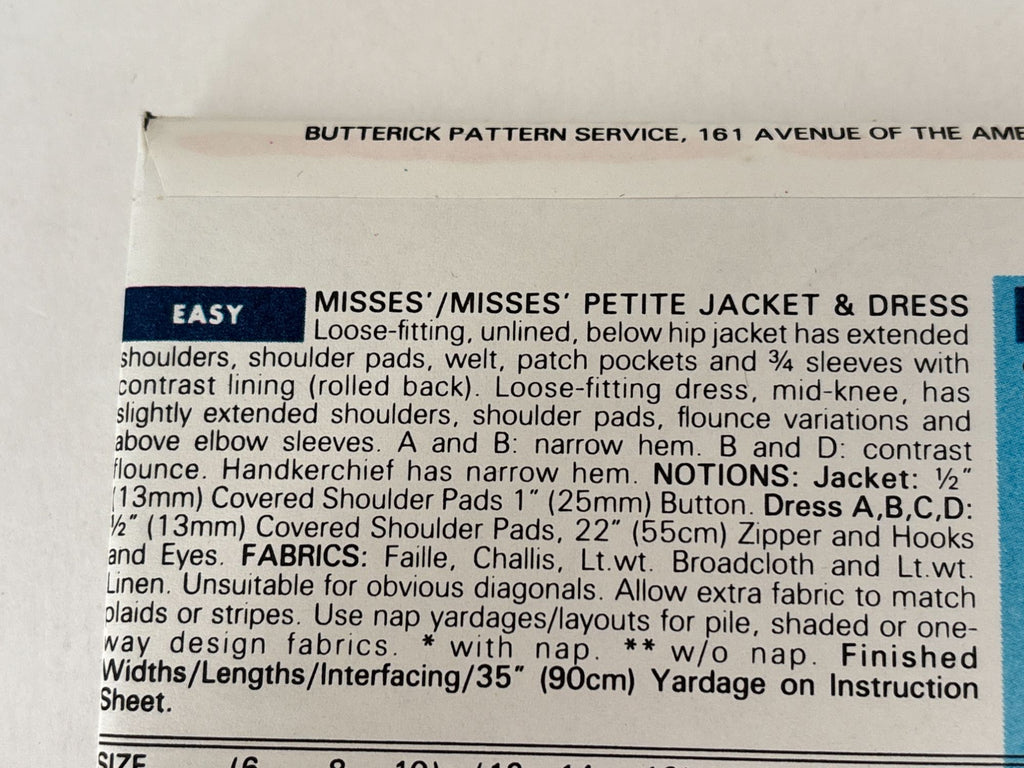 Butterick Sewing Pattern 6643 90s Jacket Dress Flounce Hem 1990s 6 8 10 Uncut