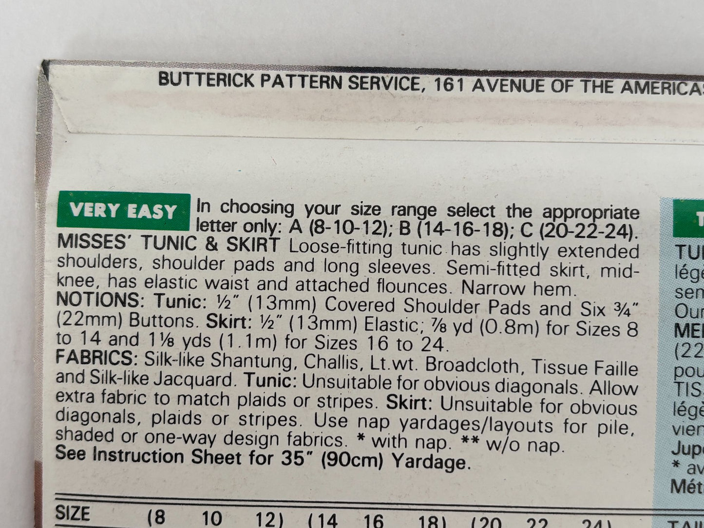 Butterick Sewing Pattern 6562 Misses Tunic and Skirt Easy Work 1990s UC 8 10 12