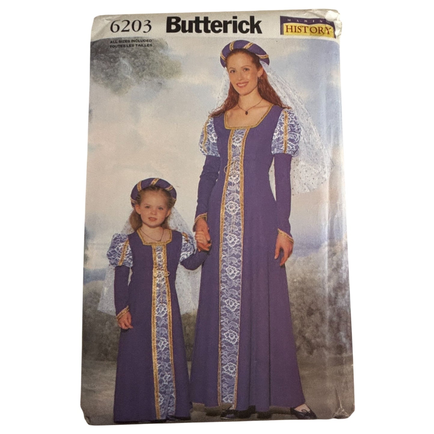 Butterick Sewing Pattern 6203 Renaissance Costume Dress Gown Girls Misses Uncut Halloween Ren Fair