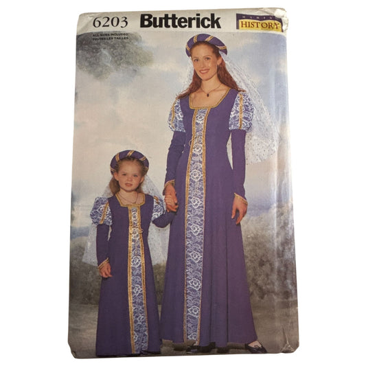 Butterick Sewing Pattern 6203 Renaissance Costume Dress Gown Girls Misses Uncut Halloween Ren Fair