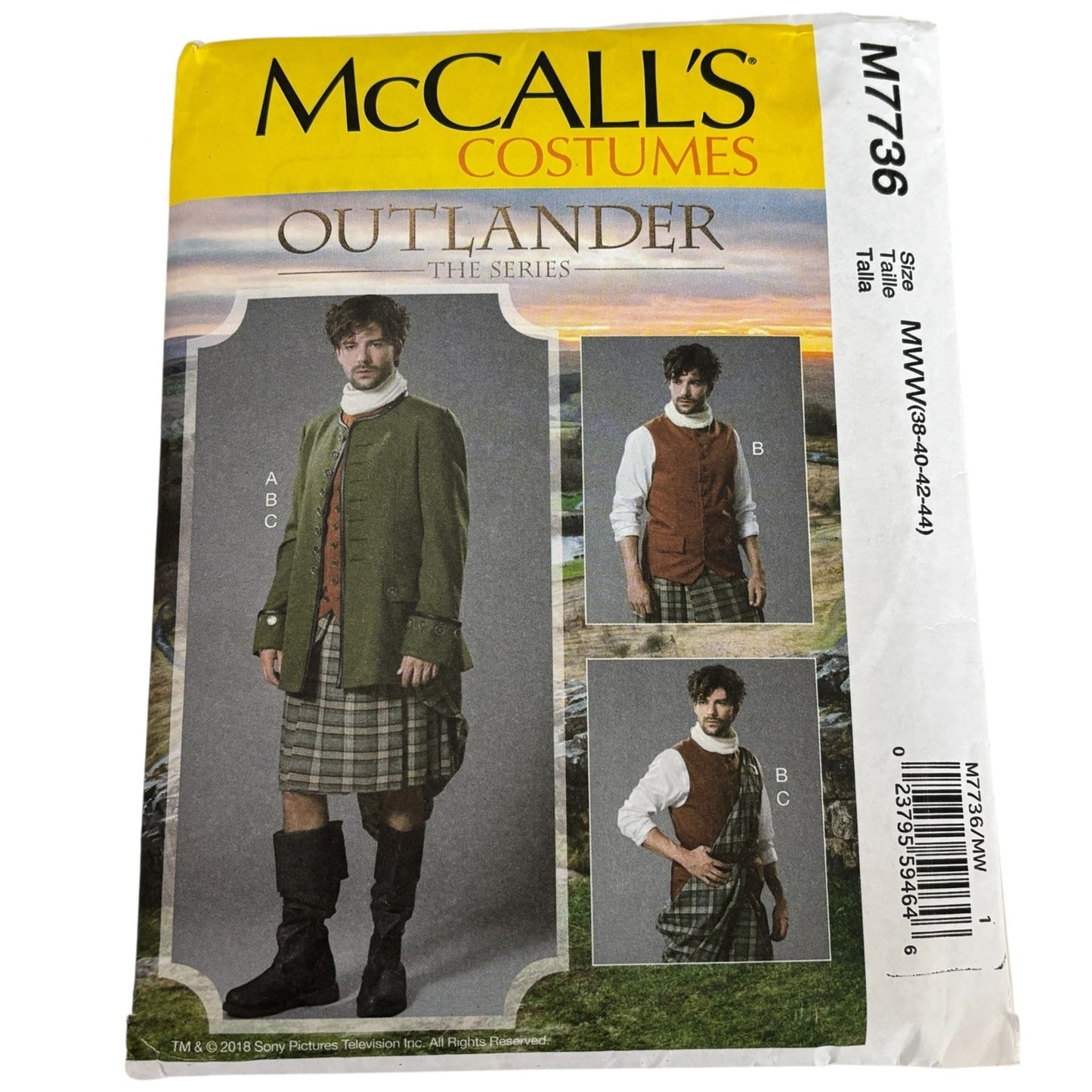 McCalls Sewing Pattern M7736 Outlander Costume Kilt Jacket Scottish Highland Mens 38-44 Uncut Historical