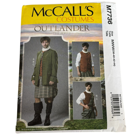 McCalls Sewing Pattern M7736 Outlander Costume Kilt Jacket Scottish Highland Mens 38-44 Uncut Historical