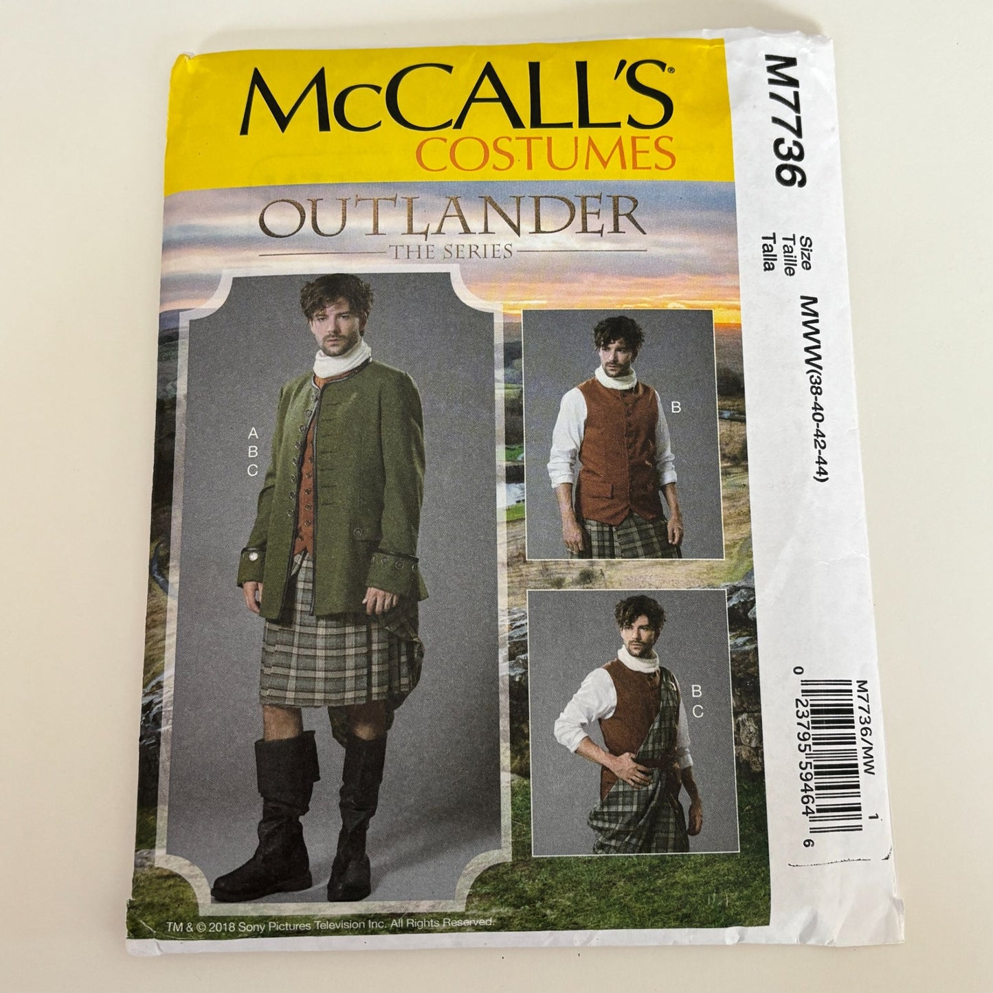 McCalls Sewing Pattern M7736 Outlander Costume Kilt Jacket Scottish Highland Mens 38-44 Uncut Historical
