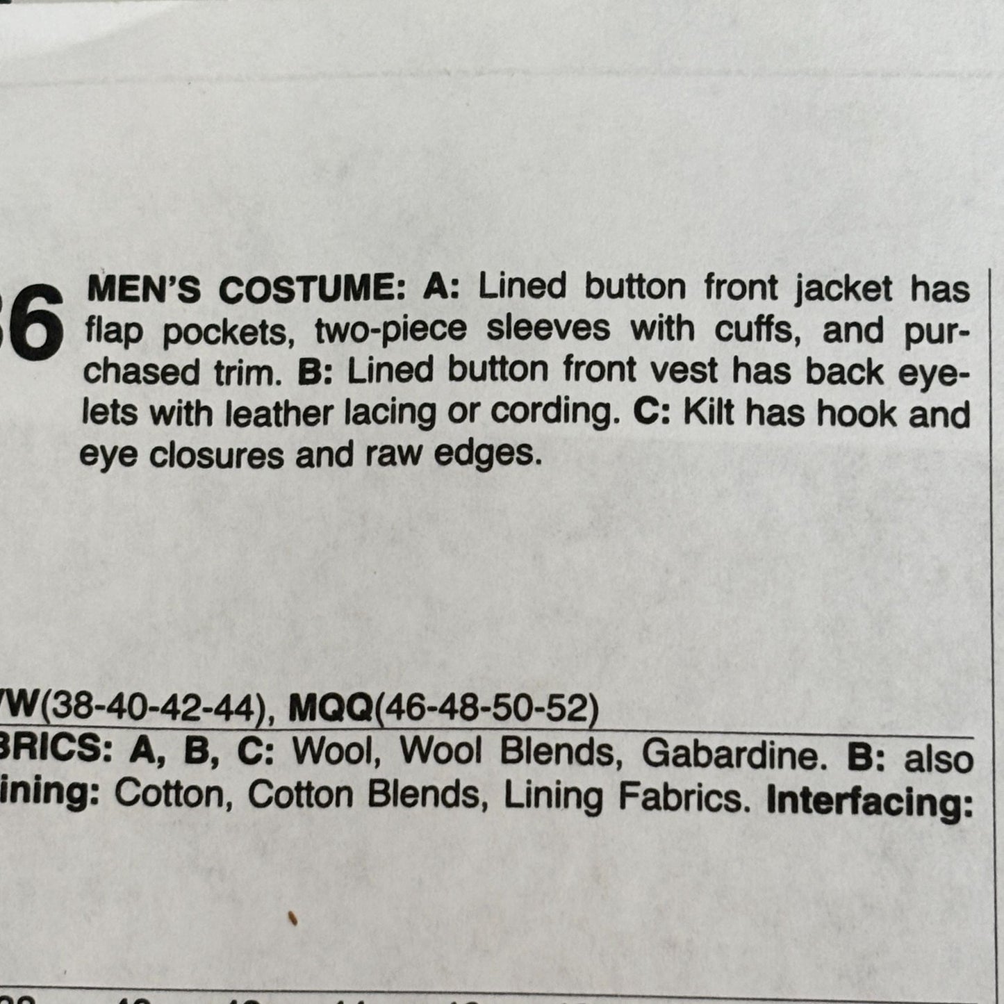 McCalls Sewing Pattern M7736 Outlander Costume Kilt Jacket Scottish Highland Mens 38-44 Uncut Historical