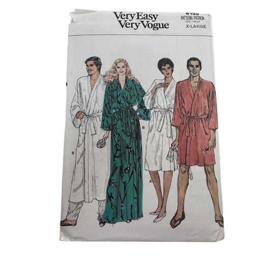 Vogue Sewing Pattern 8155 Front Wrap Bath Robe Bathrobe Unisex XL 1980s Uncut