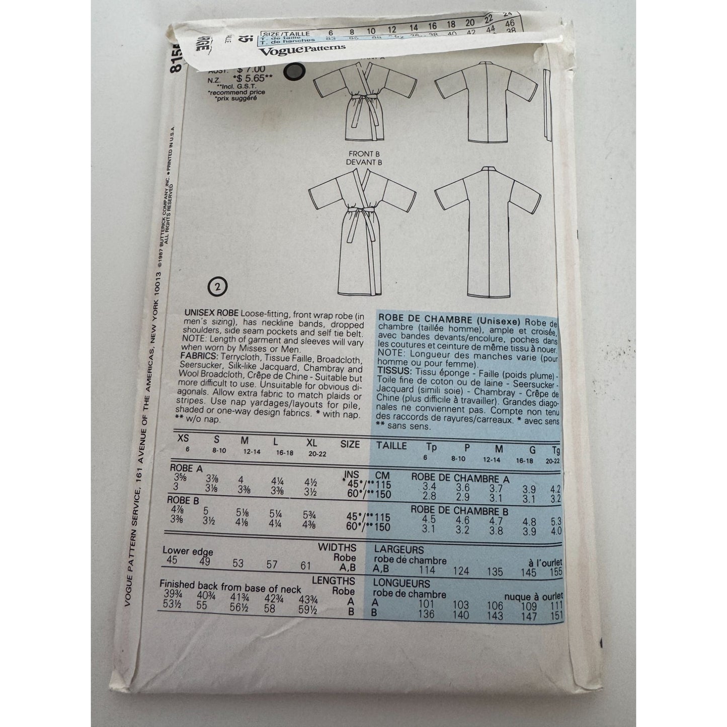 Vogue Sewing Pattern 8155 Front Wrap Bath Robe Bathrobe Unisex XL 1980s Uncut