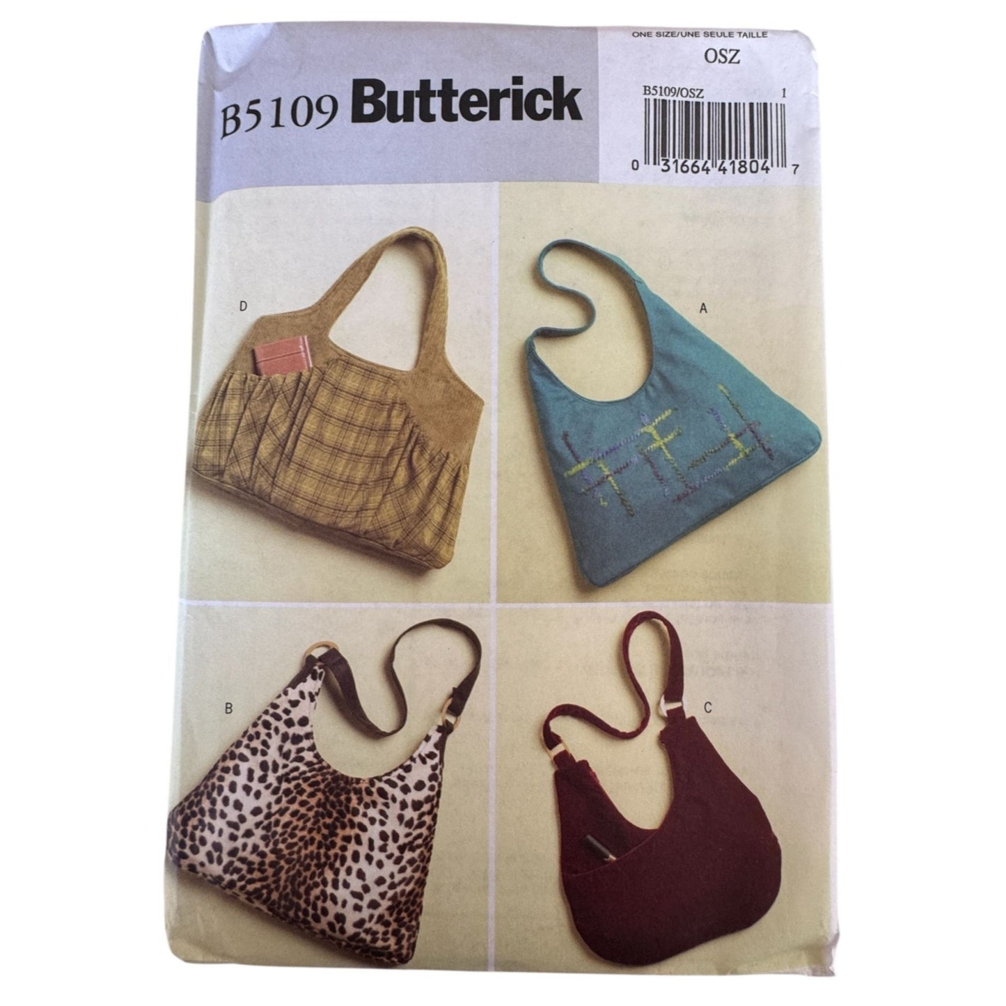 Butterick Sewing Pattern B5109 Large Bags Pockets Hobo Bag Purse Tote Uncut Adjustable Straps